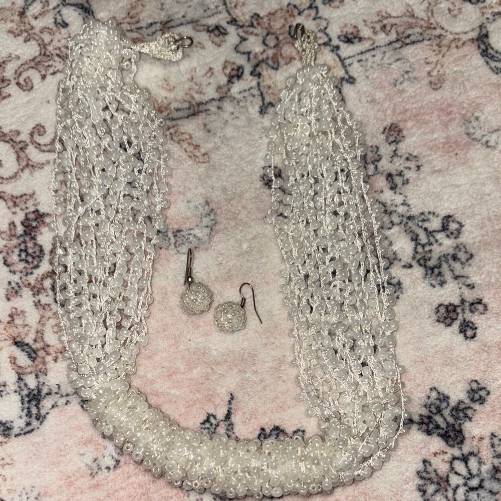 Elegant White Beaded Necklace and Earring Set